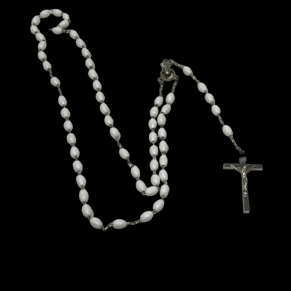 Vintage Rosary White Acrylic Beads Silver Tone Metal Italy‎ 26" Five Decade